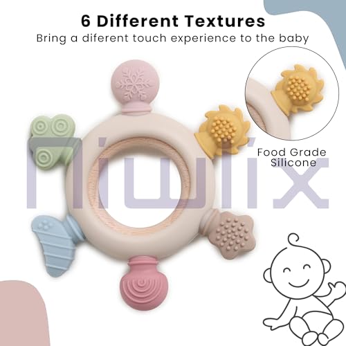 Image of Niwlix Silicone Baby Teething Ring, Multi-Coloured Textured Sensory Toy with 6 Soothing Elements Baby Teether 6-12 Months Soft