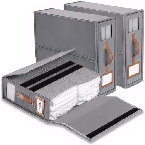bubooo Lino Caja Organizador Sabanas Armario, 3 Organizador de Ropa de Cama Plegable con ventana y asas para guardar debajo de la cama, en el armario para organizar sábanas, ropa y mantas, Gris