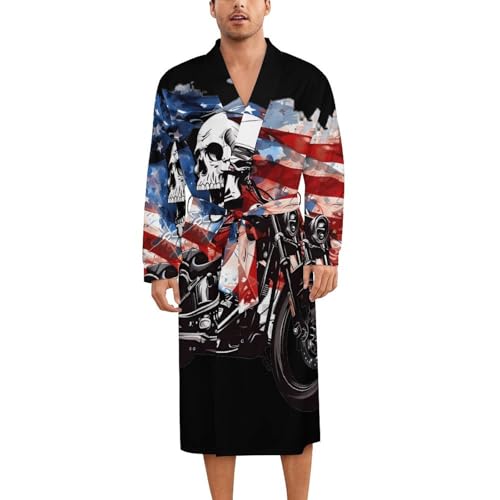 Skull Motorcycle U.S. Flag Soft Robe Long Sleeve Bathrobes V Neck Sleepwear Spa Robes with Belt Men Woman