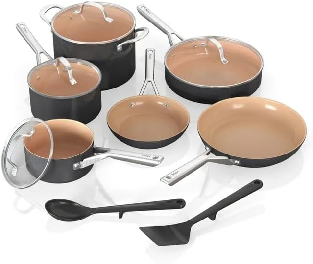 Ninja Extended Life Essential 12-Piece Ceramic Nonstick Cookware Set, Durable Scratch-Resistant Pots & Pans, Even Heat Distribution, Oven Safe, Dishwasher Safe, PFAS-Free.