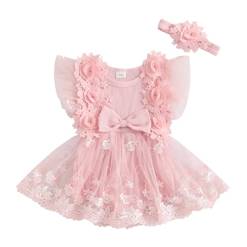 Baby Girl Romper Dress Flower Lace Tulle Dresses with Headband Newborn Photography Birthday Outfits