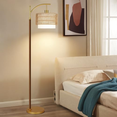 Image of ZECOXOL Boho Floor Lamps for Living Room Rattan Floor lamp with Remote Control & 3 Color Temperatures,Vintage Wood Mid Century Modern Standing Lamp Dimmable Tall Floor Lamp for Bedroom Corner