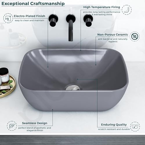 Image of Plantex Wash Basin for Bathroom /Ceramic Table Top Basin /Over Counter Washbasin for Restaurant, Hotel (Grey, 18 x 13 x 5.5 Inch)