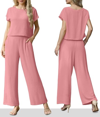 Lepunuo Women's Summer Two Piece Outfits Cap Sleeve Top and Casual Wide Leg Pants Summer Trendy Clothes — view 4