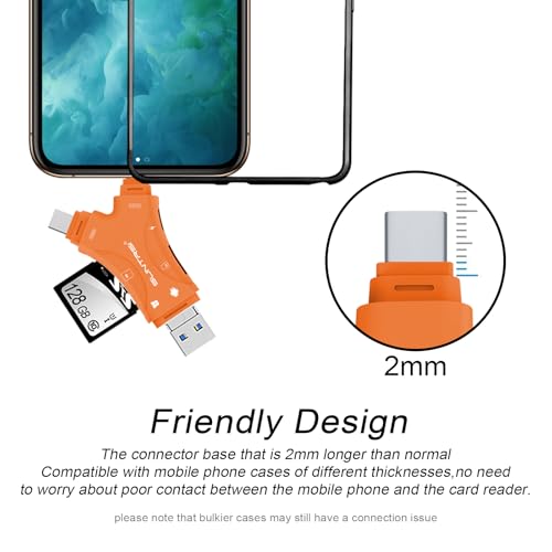Image of SUNTRSI SD Card Reader for iPhone /ipad /Android /Mac /Computer /Camera,4 in1 Micro SD Card Reader Trail Camera Viewer, Portable Memory Card Reader SD Card Adapter for SD and TF Cards (Orange)