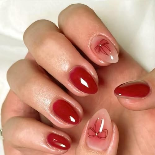 Image of Red Press on Nails Bow Fake Nails Short Almond False Nails with Design Glossy Glue on Nails Reusable Artificial Acrylic Nail Full Cover Ombre Stick on Nails for Women Girls Nail Decoration 24Pcs