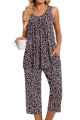 Image of TAOHUADAO Womens Summer 2 Piece Pajama Sets, Sleeveless Tops with Capri Pants, Lounge Ladies Pjs Sets with Pockets