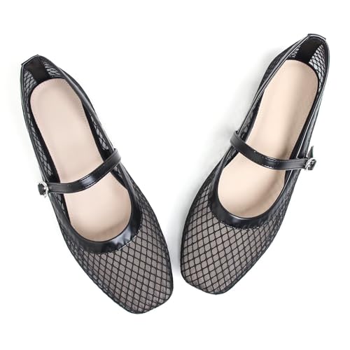 Image of TN TANGNEST Leather Flats for Women Retro Mary Jane Flats | Comfortable Square Toe Slip On Flats with Buckle Strap, Soft Work Flats Office Shoes