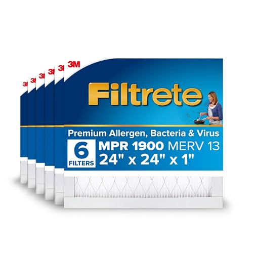 Filtrete 24x24x1 AC Furnace Air Filter, MERV 13, MPR 1900, Premium Allergen, Bacteria & Virus Filter, 3-Month Pleated 1-Inch Electrostatic Air Cleaning Filter, 6-Pack (Actual Size 23.81x23.81x0.78 in)