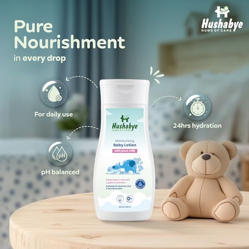 Image of Hushabye Moisturizing Baby Lotion (200ml) & Baby Dusting Powder (100g) with Milk Protein | Paraben & Sulphate Free | pH Balanced for All Skin Types | Newborn Care Gift Set, Combo Pack of 2