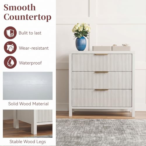 Image of Fluted Nightstands Set of 2, 23.7'' Wide Night Stand with 3 Drawers, Mid-Century Modern Bedside Table with Handles, Wood End Table for Bedroom, White