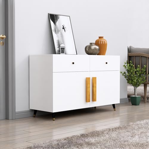Image of Bniture Storage Cabinet Wooden for Living Room Sideboard with 2 Drawer and 2 Door | Multipurpose Storage Organizer Chest of Drawer Cabinet for Home Hallway Drawing Room Bedroom Kitchen | Frosty White