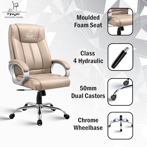 Image of ROSE Kyoto Orthopedic Boss Chair with 3 Years Brand Warranty, Ergonomic Executive Chair Seat, Metallic Base | High Back (Tan, Leatherette)