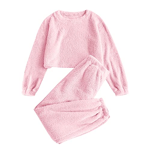 ZAFUL Women's Fuzzy Lounge Casual Pajamas Sets Long Sleeve Fleece Pullover and Pants Set 2 Piece Fluffy Loungewear Sleepwear Pink
