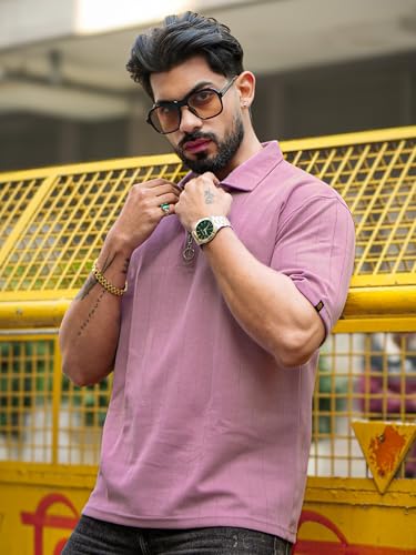 Image of Maniac || Mens || Textured || Polo Neck || 3 /4th Sleeve || Half Zipper || Cotton || T-Shirt