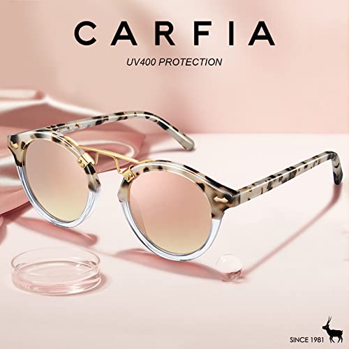 Carfia Small Pink Mirrored Polarized Sunglasses For Women Uv Protection, Acetate Eyewear Double Bridge Metal Brow Sunnies #TOP3