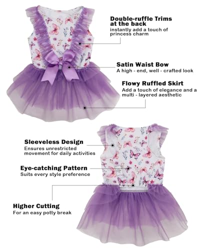 Image of CuteBone Purple Butterfly Floral Pet Dress for Small Dogs, Cats - Ruffled Double-Layer Skirt - Satin Bow - Spring Fairy Party Dress
