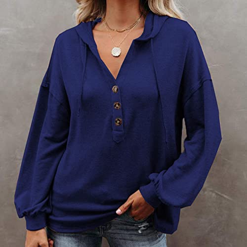 Sweat à capuche de sport col en V décontracté bleu L