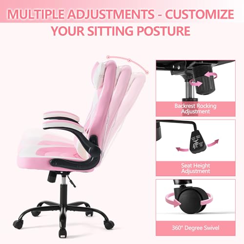 Image of Sweetcrispy Ergonomic Gaming Desk Chair - Computer Video with Comfy Lumbar Support and headrest, PU Leather with Flip-up Arms, Adjustable Height and Swivel Wheels, Home and Office, Pink