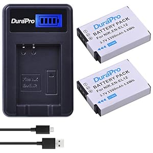DuraPro 2Stk EN-EL12 EL12 Akku + LCD USB Ladegerät für Nikon Coolpix P300 P310 P330 S630 S640 S800c S1200pj S6000 S6100 S6150 S6200 S8200 S9050 S9400 AW120 AW120s Digitalkamera