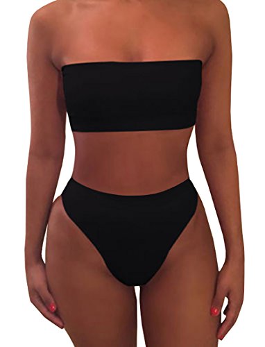 Ybenlow Women's 2 Piece Solid Bandeau Swimsuit Top Bottom Set,Black,Large