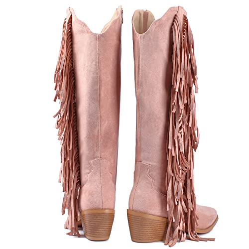 Kiutsymo Fringe Cowgirl Boots For Women Pointy Toe Tassels Knee High Western Cowboy Boots Pink Size 10.5 #TOP3