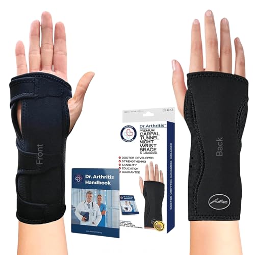 Dr. Arthritis Muñequera Tendinitis Muñeca Desarrollada por Médicos - Férula Túnel Carpiano Nocturna Ajustable con Almohadilla para Mayor Comodidad - Incluye Manual Sanitario (Negra)