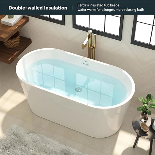 FerdY Shangri-La 55\" Acrylic Freestanding Bathtub, Classic Oval Shape Soaking Bathtub with Toe-Tap Chrome Drain and Classic Slotted Overflow Included, Modern White, cUPC Certified - Thumbnail 6