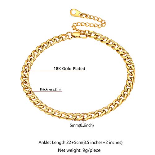 U7 Gold Anklets 5Mm Cuban Chain Link Anklet For Women 18K Gold Plated Minimalist Barefoot Jewelry Length 8.5" With 2 Inch Extender Anklets #TOP5
