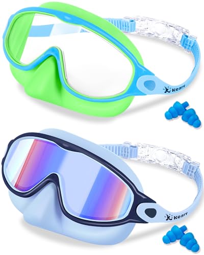 Keary 2 Pack Kids Swim Goggles with Nose Cover Swimming Goggles for Kids 4-7 6-14 8-12 Age 3-6 5-8 Toddler Boys Girl Youth Child Anti-UV Anti-Fog Pool Water Leakproof