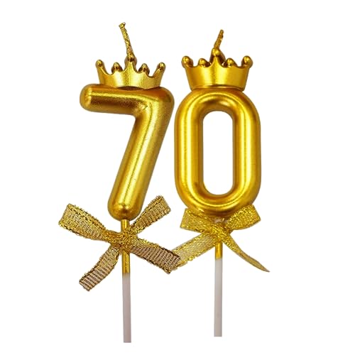 Image of 2 Pc 70 Number Candle for Birthday Cake Metallic 70th Birthday Cake Decoration Seventy Candle with Crown on Top Cake Topper 0-9 Number Candles for Anniversary (Pack of 2, Gold)