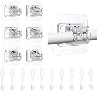 GIWULAKY 6 Pcs Self-Adhesive Curtain Pole Brackets and 10 Pcs Curtain Ring Hooks,No Drill Curtain Rod Holder,Drapery Hook Holder, for Fixing Window Door Shower Curtain Poles and Kitchen Towel Rod