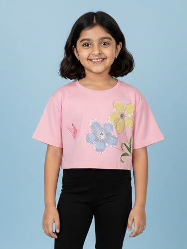 Image of KiddoPanti Girls 100% Cotton Solid Drop Shoulder Half Sleeve Round Neck Crop Tee