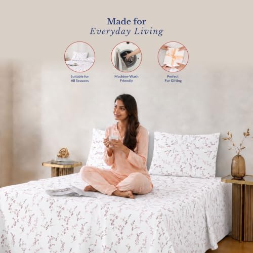 Image of Jaipur Weaves Cotton King Size Bedsheet 108x108 Super King, 100% Pure Cotton Bed Sheet with 2 Pillow Covers, 240 TC Soft Breathable Floral Design Bedding - (Tulips Pink, Super King)