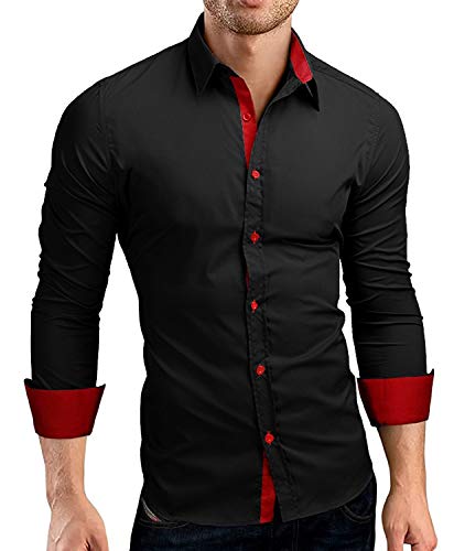Kuson Herren Hemd Longsleeve Freizeithemd Slim fit Bügelleicht Kentkragen Hemden mit Kontrasten, EU Größen: XL Schwarz-Rot Cover