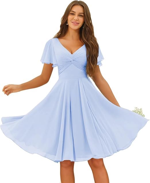 JIIL Brautjungfernkleider Wickelkleid Damen Chiffon Knielang Brautjungfernkleider V-Ausschnitt Formal Hochzeit A-Linie Abendkleid Mit Taschen Lavendel...