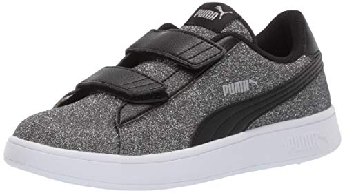 PUMA Smash V2 Hook and Loop Sneaker, Black-Silver-White, 2.5 M US Little Kid