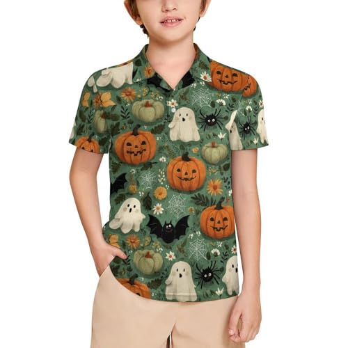 Boys' Classic Polo Shirts Short Sleeve Moisture-Wicking Golf & Tennis Shirts for Youth Teens Halloween Pumpkin Bat