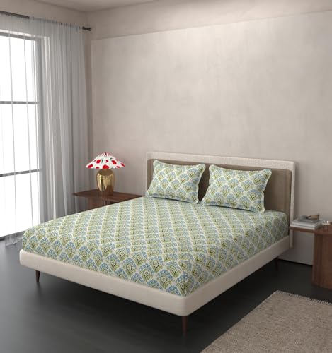 Image of VOMZER Queen Size (60x78) 300 TC Soft Cotton Feel Microfiber All Around Elastic Fitted Queen Bedsheet with 2 Pillow Covers |Aqua Mint