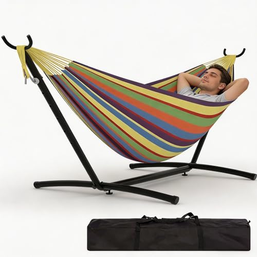 Acekool Hängematte mit Gestell, Einzelperson, 200kg Belastbarkeit, XXL, Innen&Außen geeignet, Garten, Terrasse, Balkon und Pool, inkl. mit Tragetasche, Cremeweiß.