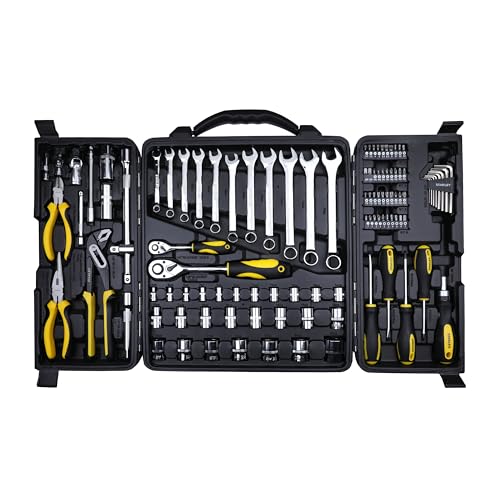 STANLEY STMT81243 110-Piece High Quality Multi-Toolkit containing Pliers, Spanners, Drivers, Sockets, Bits, Wrenches & Ratchets for Home, DIY & Professional Use, 1 Year Warranty, Yellow & Black