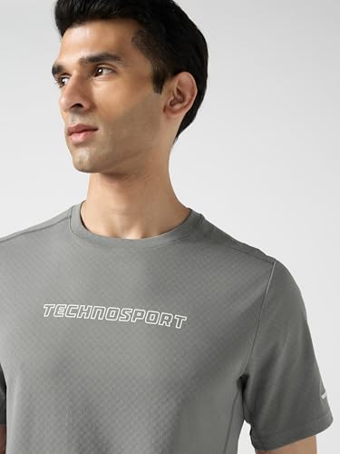 Image of TECHNOSPORT Men's Printed Slim Fit Henley Neck T-Shirt ELASTOLITE Half Sleeve Slip On Polyester for Gym Running Workout UPF50+ Anti Odour