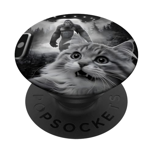 Funny Cat Selfie Con Bigfoot UFO Divertido Sorprendido Mujeres Hombres PopSockets PopGrip Adhesivo