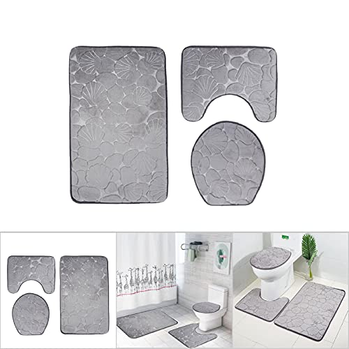 Cyrank Badezimmerteppich-Set, 3-teiliges Badteppich-Set Mit Muscheldruck, Waschbare Badematte, Weiche Badezimmerteppiche, Badematten-Set Mit Toilettendeckelbezug(Grau) – Bild 6