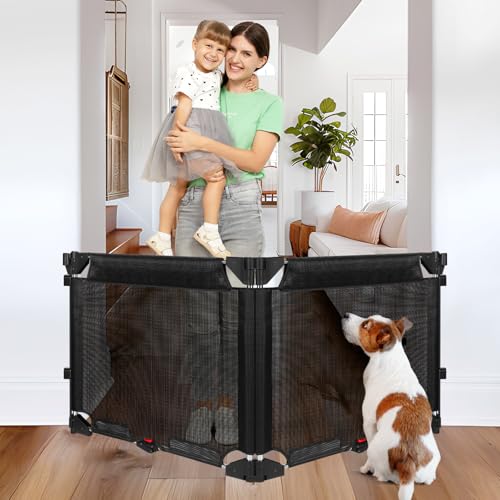 Puertas retráctiles para bebés de 55 pulgadas de ancho, puerta plegable de 2 paneles para perros, puerta de 27.5 pulgadas de alto, puerta de mascotas fácil de pasar, ancho ajustable de 27.5 a 55