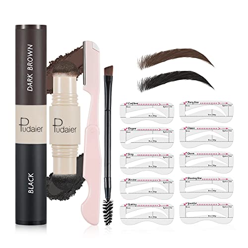 Pudaier Eyebrow Stamp Stencil Kit 2 Colors Dual Brush Heads for Natural Brows, Contours, Hairline Multipurpose with 10 B