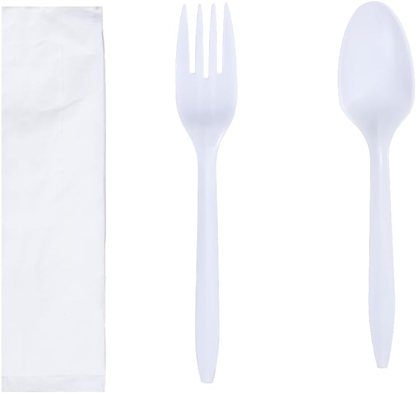 Daxwell Plastic Cutlery Kits, Medium Weight Polypropylene (PP), Fork, Spoon, Napkin, White, B10000521 (Case of 1,000)