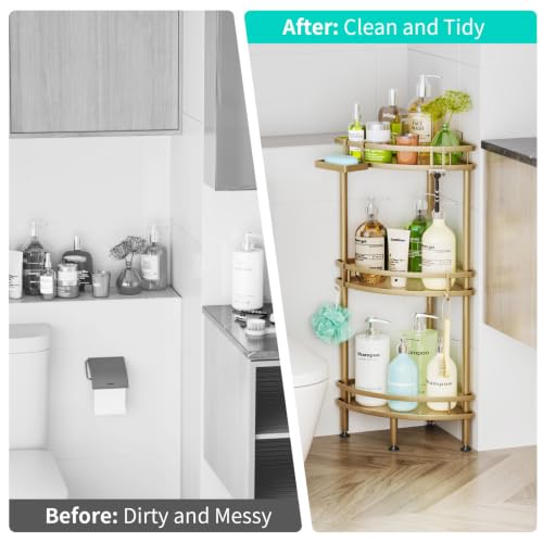 Image of HapiRm Standing Corner Shower Caddy - 3 Tier Shower Organizer Corner with Soap Holder and 4 Hooks, Rustproof Bathroom Storage Shelves with Adhesives, Gold