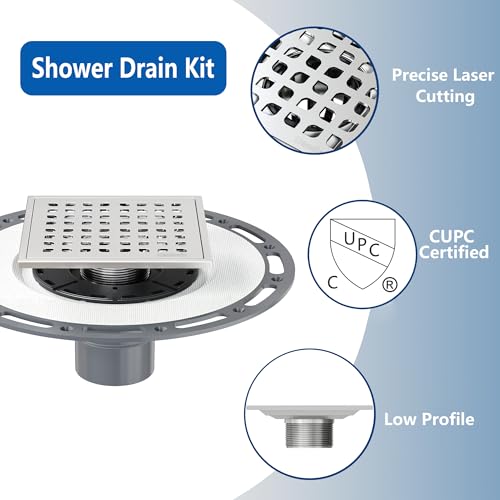 Neodrain 6 in Brushed Square Shower Drain Brushed 304 Stainless Steel Drain Grate Removable Drain Key with Waterproof Fabric, PVC Bonding Flange Base for Low Profile Shower Pan - Image 5