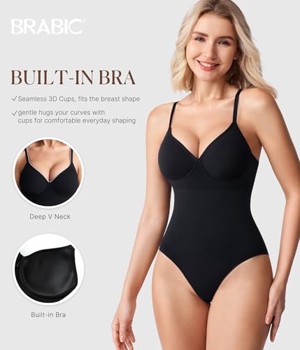 Image of BRABIC Shapewear Bodysuits for Women Tummy Control Shapewear Seamless Backless V-Neck Tops with Built-in Bra